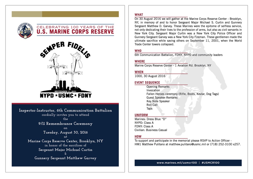 Marine Corps Reserve Centennial-Themed 9/11 Remembrance Ceremony Invite