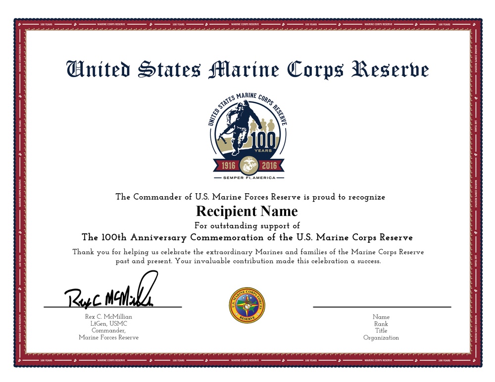 Marine Corps Reserve Centennial Commander&amp;#39;s Certificate 1