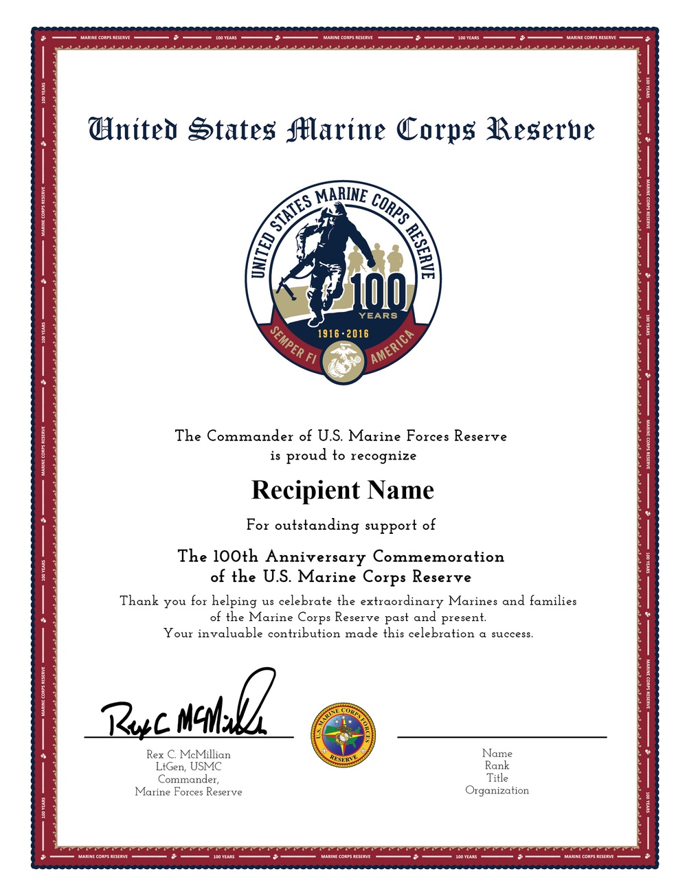 Marine Corps Reserve Centennial Commander&amp;#39;s Certificate 2