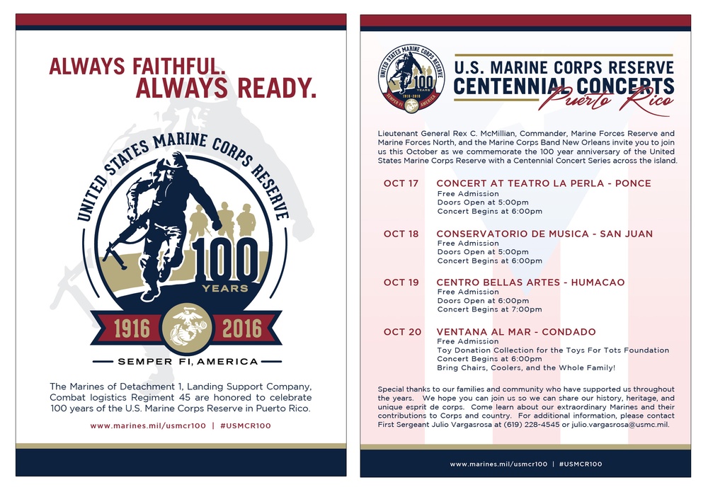 Marine Corps Reserve Centennial Concerts Info Card for Puerto Rico