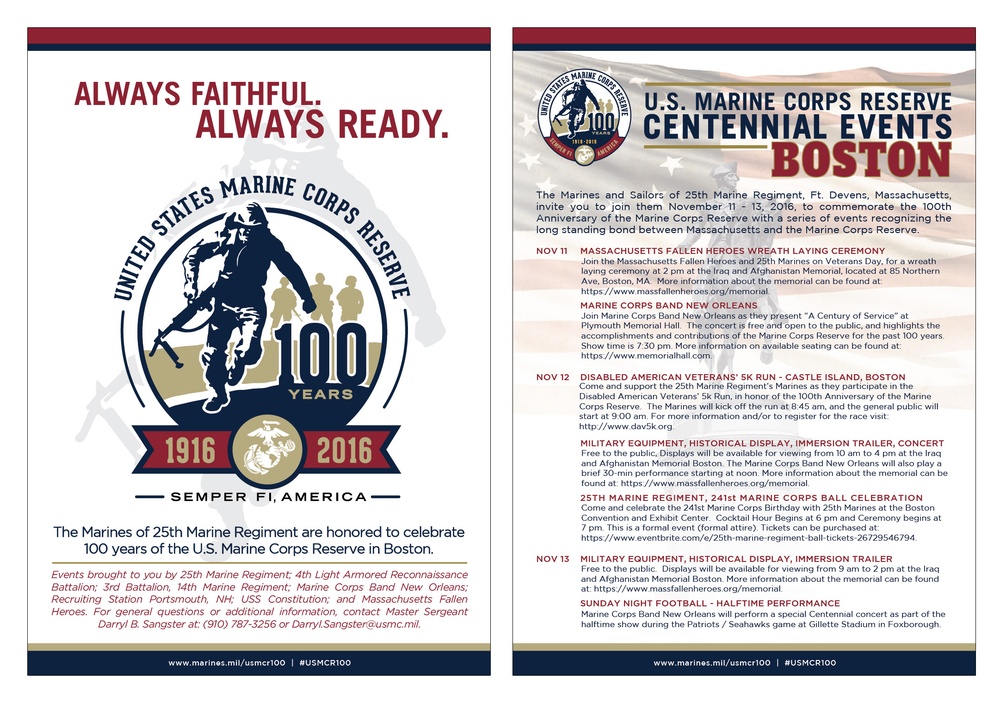 Marine Corps Reserve Centennial Boston Events Information Card