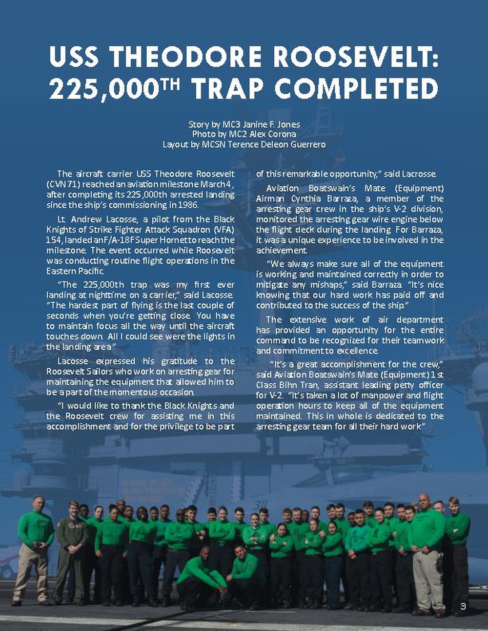 USS Theodore Roosevelt 225,000th Trap Completed