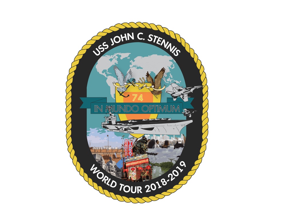 A crest created to summarize and represent the aircraft carrier USS John C. Stennis’ (CVN 74) 2018-2019 deployment and homeport change