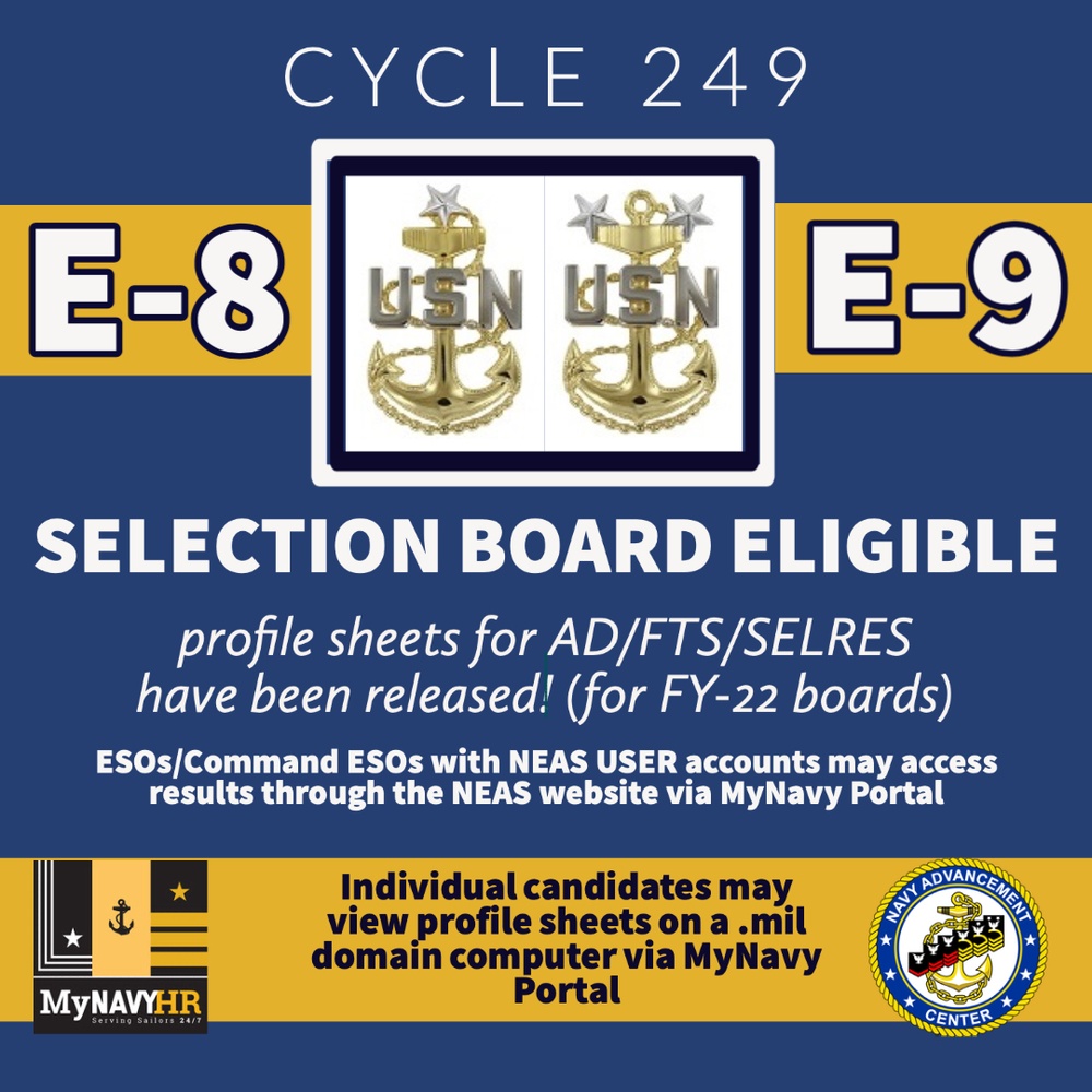 Cycle 249 E-8 and E-9 Selection Board Eligible (SBE) Profile Sheets Have Been Released