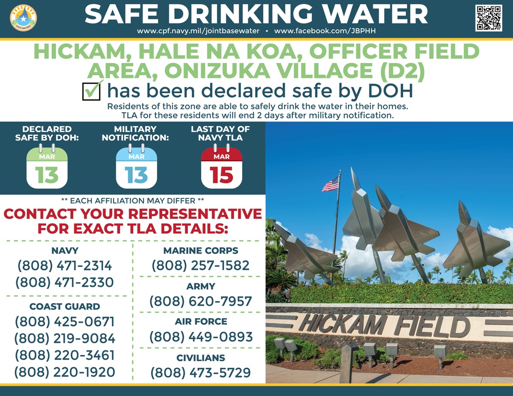 Hickam, Hale Na Koa, Officer Field Area, Onizuka Village (Zone D2) Declared Safe By Hawaii Department of Health