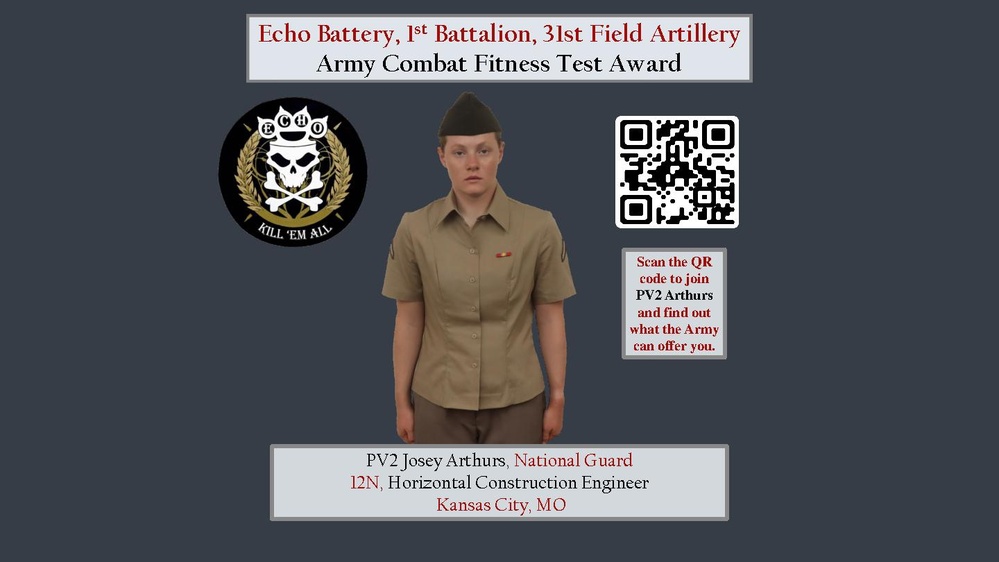 Echo BTRY 1st BN 31st FA Class 63-22 Army Combat Fitness Test Award