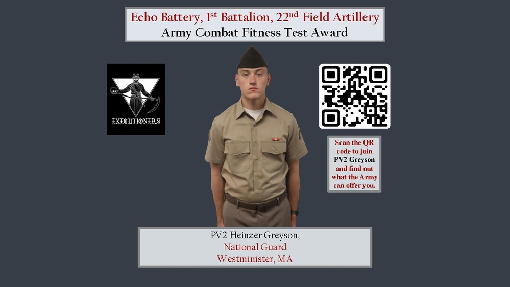 Echo BTRY 1st BN 22nd FA Class 62-22 Army Combat Fitness Test Award