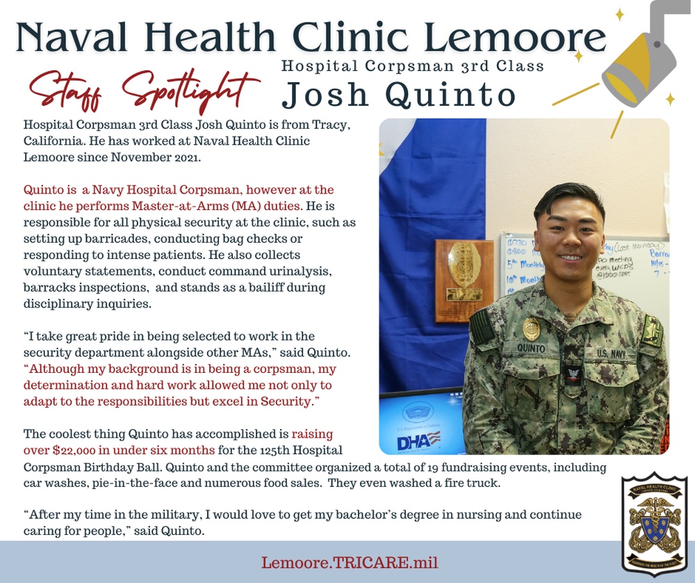 NHC Lemoore Staff Spotlight Hospital Corpsman 3rd Class Josh Quinto