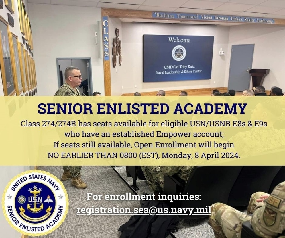 Open Seats Available for U.S. Navy Senior Enlisted Academy Class 274/274R