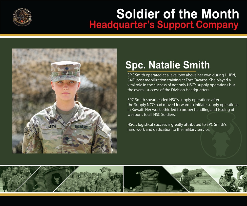 Headquarters Support Company, Headquarters and Headquarters Battalion, 34th Infantry Division recognizes NCO of the Month for March