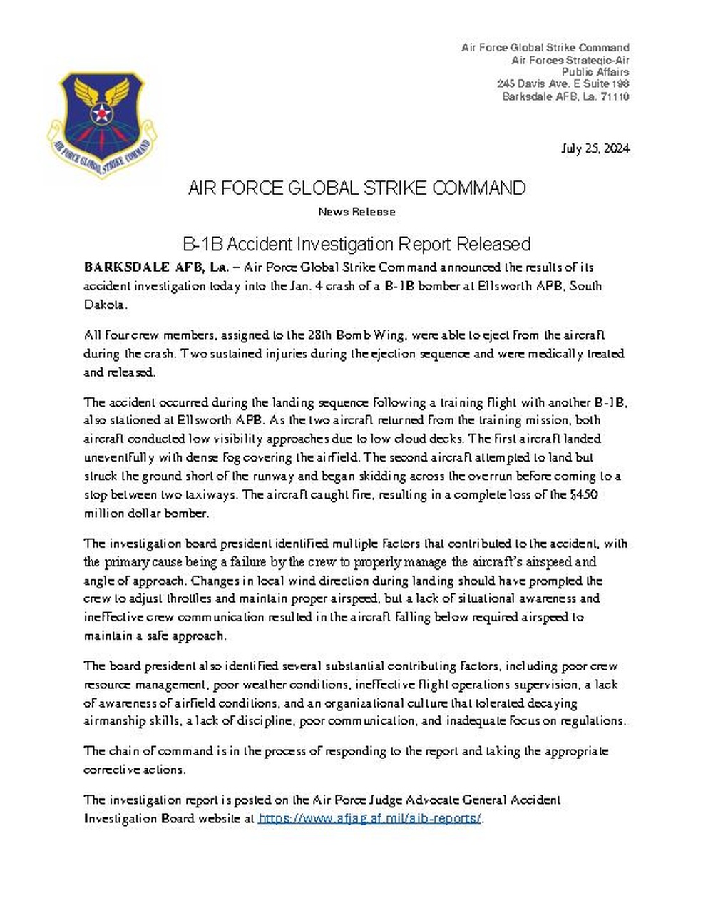 B-1B Accident Investigation Report Released