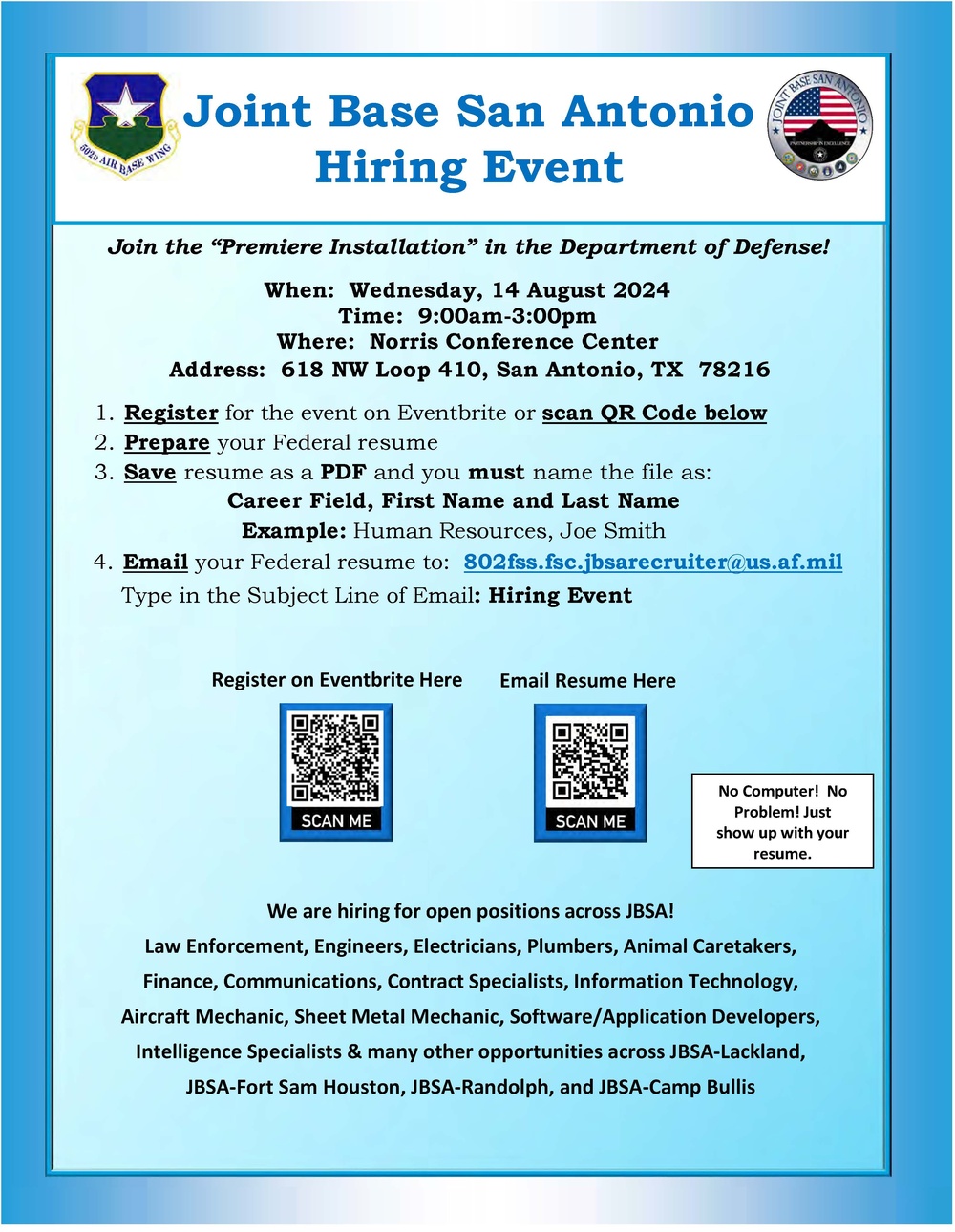 JBSA to host hiring event in San Antonio