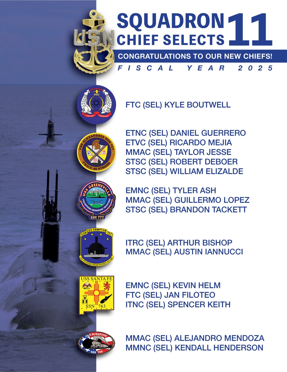 Submarine Squadron 11 Chief Selects Announcement FY25 Graphic