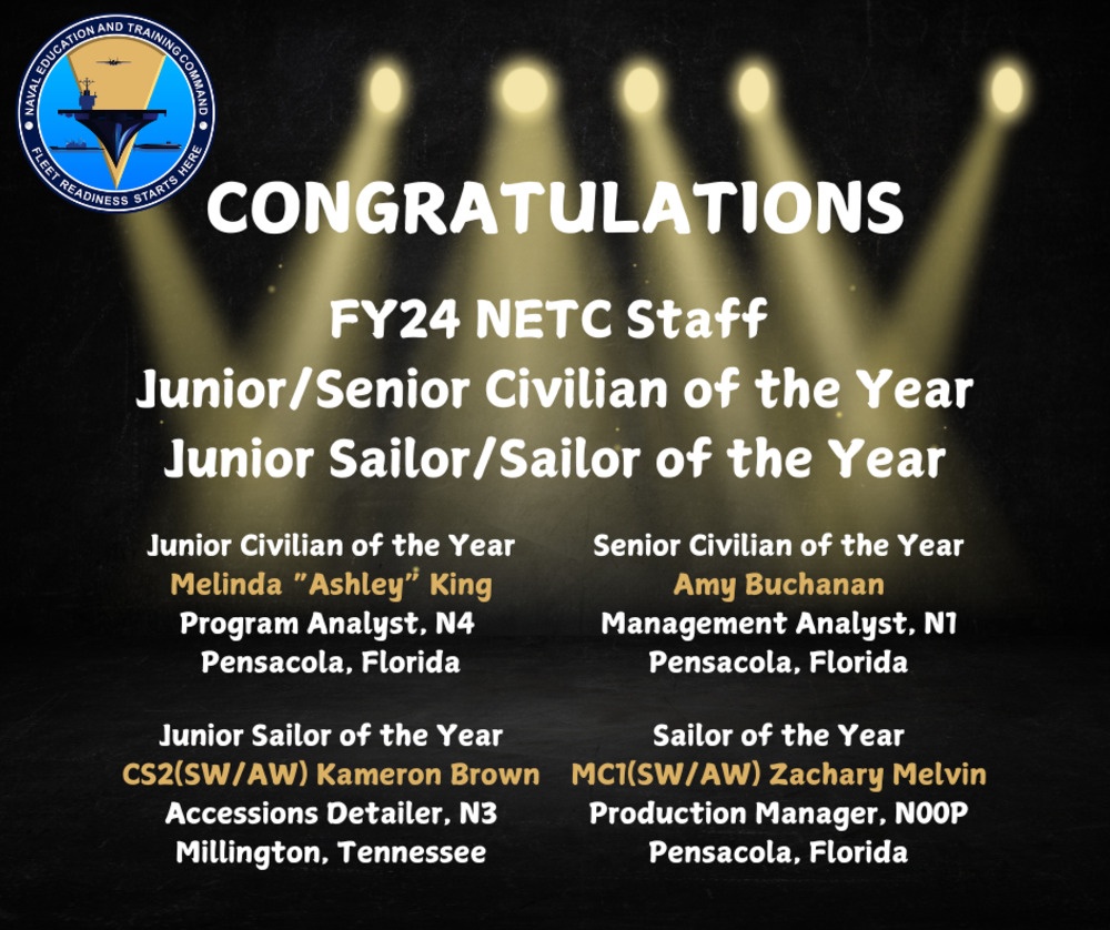 NETC Congratulates its FY24 Staff Junior Civilian/Senior Civilian of the Year, Junior Sailor/Sailor of the Year