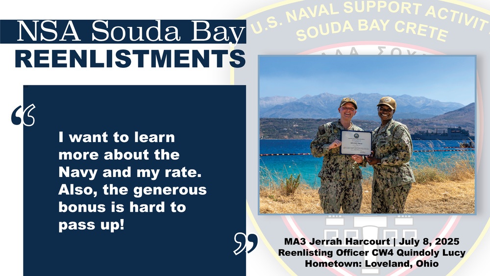 MA3 Jerrah Harcourt is reenlisted by CWO4 Quindoly Lucy at NSA Souda Bay