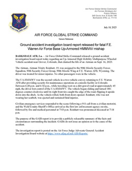 Ground Accident Investigation Board report released for fatal F.E. Warren Air Force Base Up-Armored HMMWV mishap