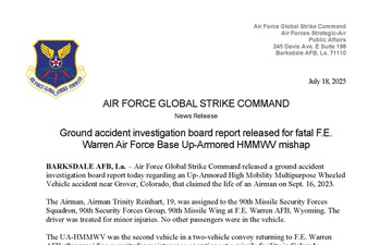 Ground Accident Investigation Board report released for fatal F.E. Warren Air Force Base Up-Armored HMMWV mishap