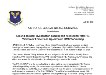 Ground Accident Investigation Board report released for fatal F.E. Warren Air Force Base Up-Armored HMMWV mishap