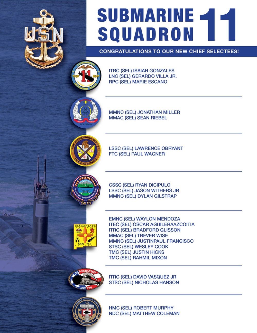 Submarine Squadron 11 Chief Selects Announcement Results