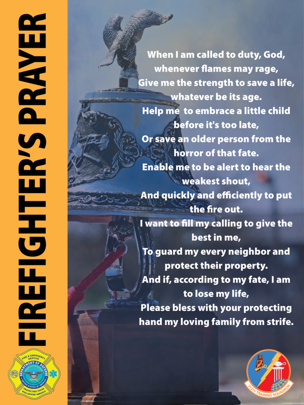 Firefighter's Prayer poster at the Goodfellow Fire Academy