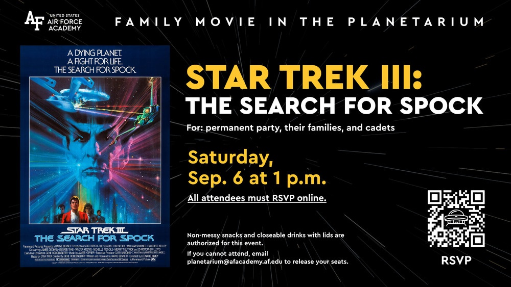 Graphic promoting a movie showing of Star Trek III at the U.S. Air Force Academy Planetarium