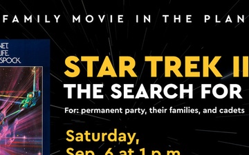 Graphic promoting a movie showing of Star Trek III at the U.S. Air Force Academy Planetarium