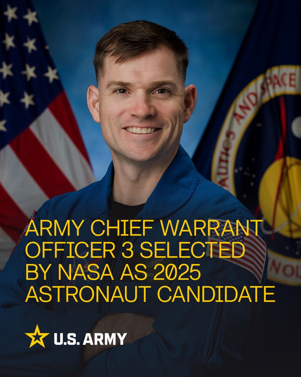 Headline Graphic 4x5 - Army chief warrant officer 3 selected by NASA as 2025 astronaut candidate