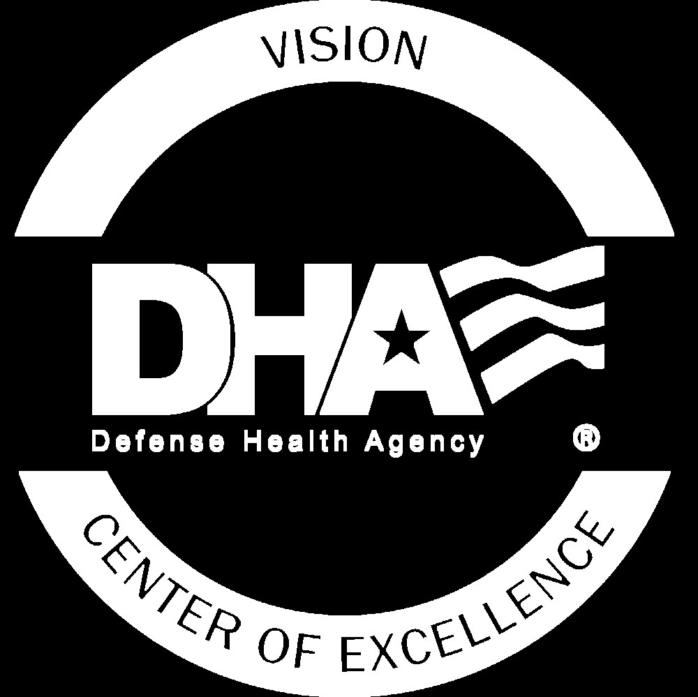 DHA Vision Center of Excellence round white logo DHA Vision Center of Excellence round white logo