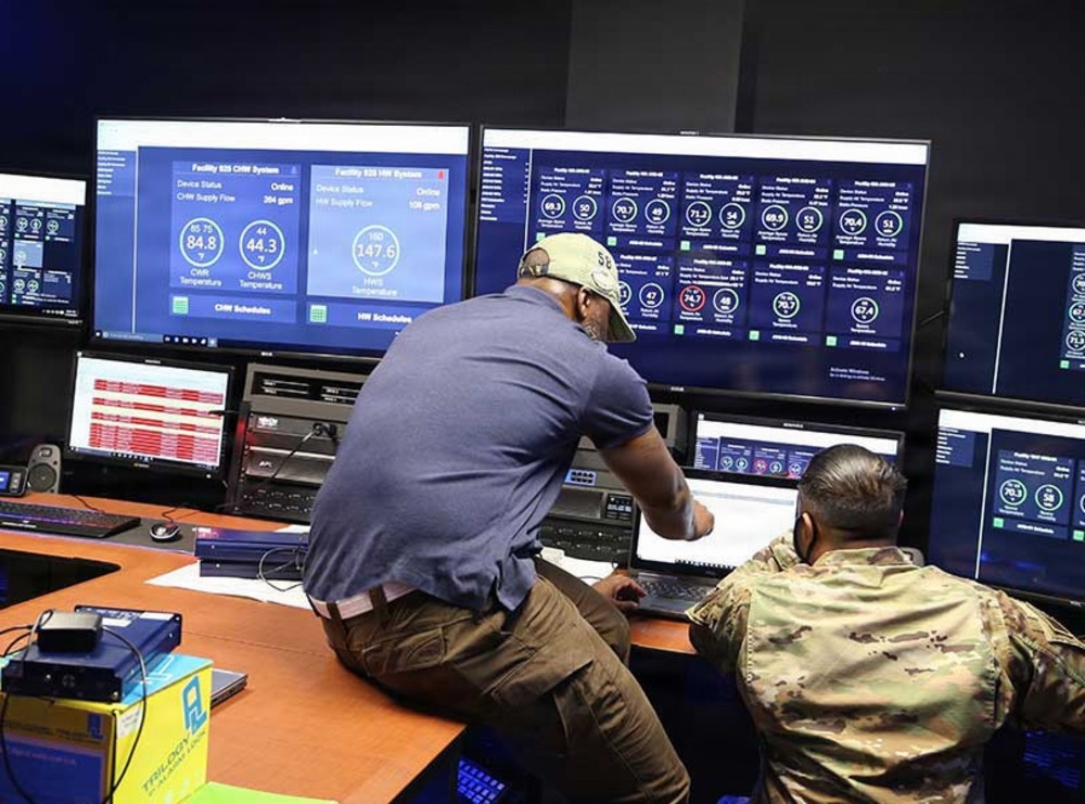 Operations center with multi-screen monitoring stations.