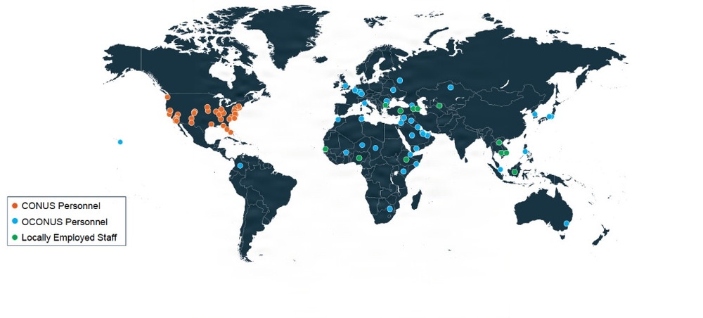 Map of the world showing CONUS Personnel, OCONUS personnel and Locally Employed Staff of DTRA. Map of the world showing CONUS Personnel, OCONUS personnel and Locally Employed Staff of DTRA.