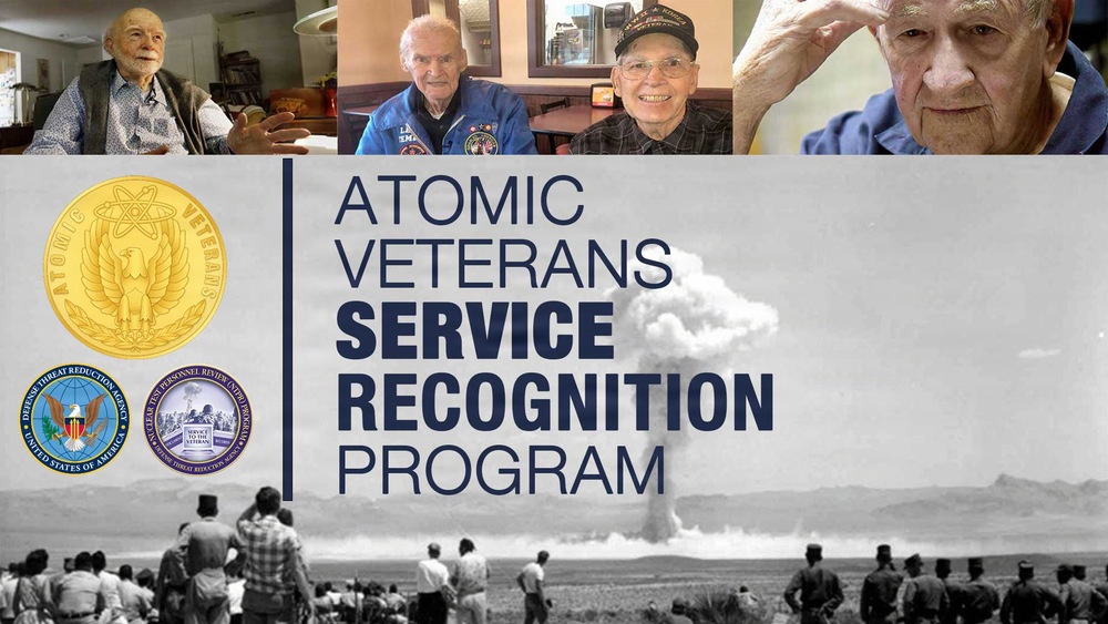 Composite image featuring four Atomic Veterans alongside the official Atomic Veteran commemorative seal, the Atomic Veterans Commemorative Service Medal, and historical imagery from atomic bomb testing operations. Composite image featuring four Atomic Veterans alongside the official Atomic Veteran commemorative seal, the Atomic Veterans Commemorative Service Medal, and historical imagery from atomic bomb testing operations.