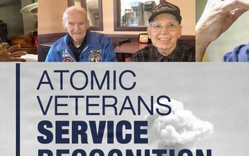 Composite image featuring four Atomic Veterans alongside the official Atomic Veteran commemorative seal, the Atomic Veterans Commemorative Service Medal, and historical imagery from atomic bomb testing operations.