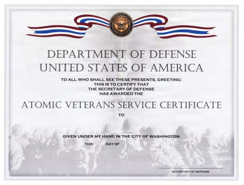 Certificate for the Atomic Veteran service recognition. Certificate for the Atomic Veteran service recognition.