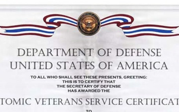 Certificate for the Atomic Veteran service recognition.