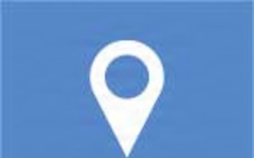 Map pin icon, white on light blue background, used for location/contact page