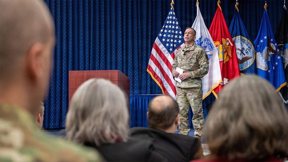 Maj. Gen. Lyle K. Drew, USAF addressing an all hands meeting at the Defense Threat Reduction Agency Maj. Gen. Lyle K. Drew, USAF addressing an all hands meeting at the Defense Threat Reduction Agency
