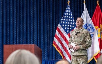 Maj. Gen. Lyle K. Drew, USAF addressing an all hands meeting at the Defense Threat Reduction Agency