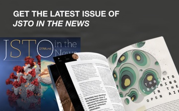 A promotional graphic advertises &quot;JSTO in the News&quot; featuring an open magazine design.