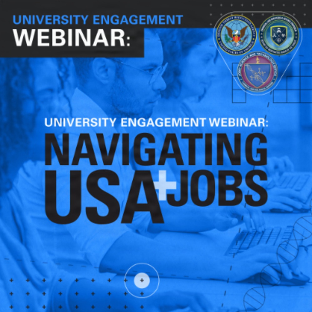 A promotional graphic advertises the JSTO University Engagement Webinar on "Navigating USAJobs," A promotional graphic advertises the JSTO University Engagement Webinar on "Navigating USAJobs,"