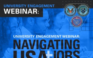 A promotional graphic advertises the JSTO University Engagement Webinar on &quot;Navigating USAJobs,&quot;