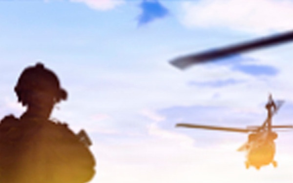 Military helicopters transport personnel during operations, with silhouettes of service members visible against the sky.