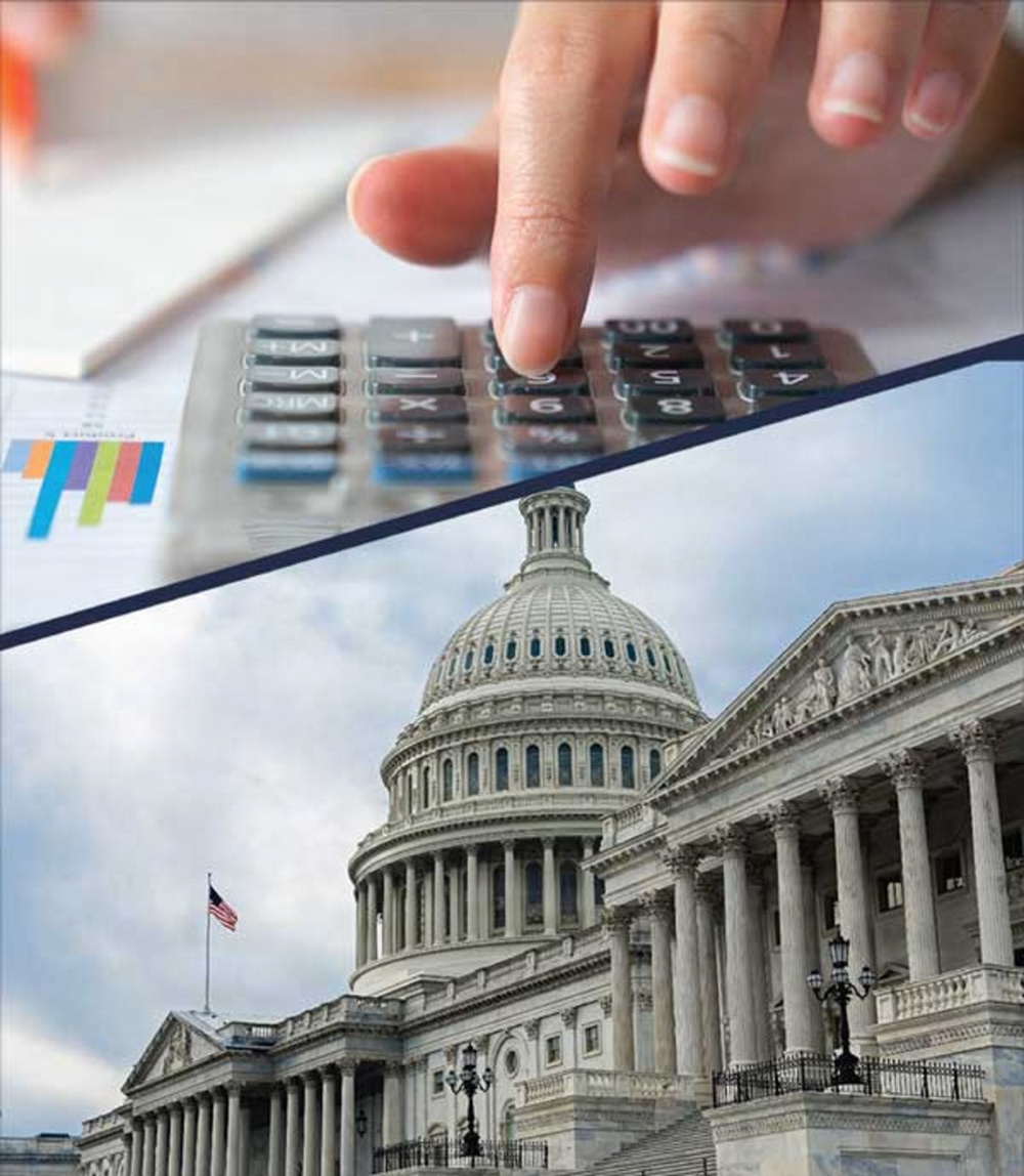 A composite image featuring hands using a calculator alongside the U.S. Capitol Building