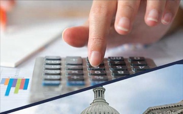 A composite image featuring hands using a calculator alongside the U.S. Capitol Building