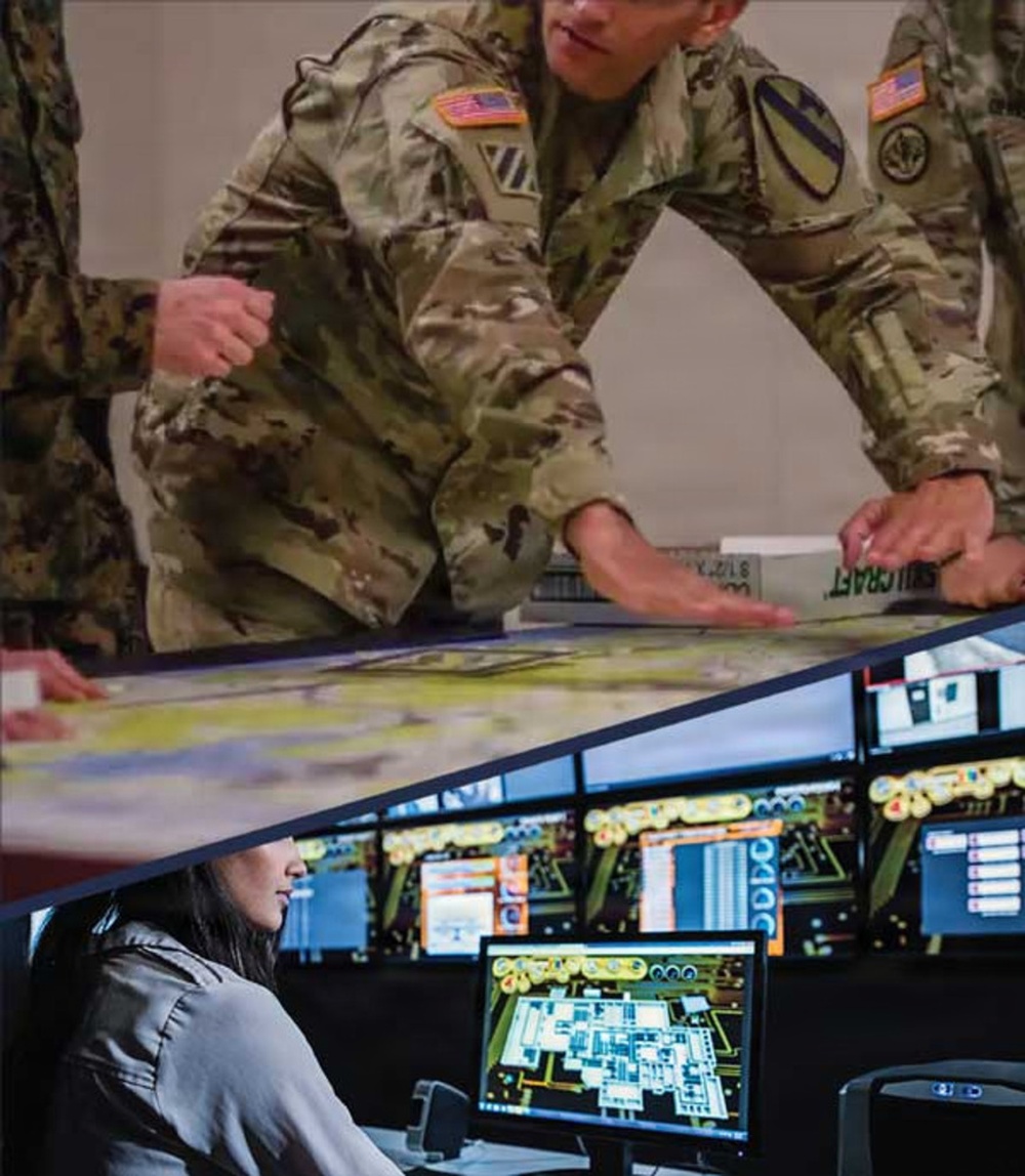 Defense Threat Reduction Agency personnel collaborate around conference tables and monitor multiple screens. Defense Threat Reduction Agency personnel collaborate around conference tables and monitor multiple screens.