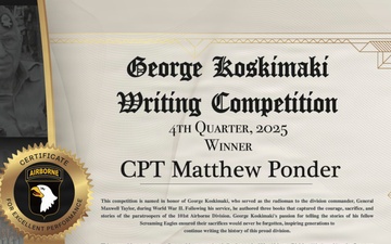 George Koskimaki Writing Competition Certificate for the Quarterly Writing Competition for the 101st Airborne Division (Air Assault)