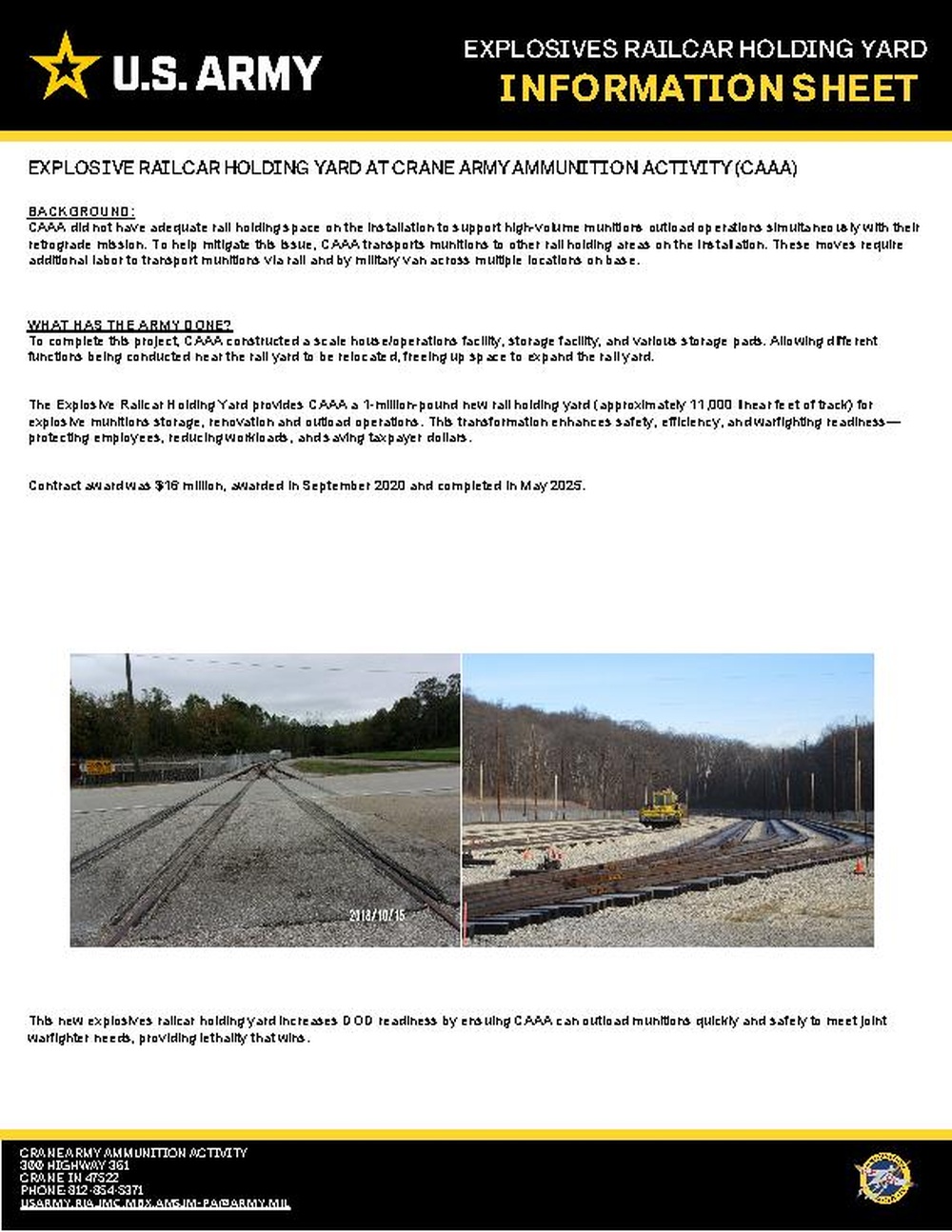 Crane Army Ammunition Activity Modernization Project information Sheet - Explosives Railcar Holding Yard