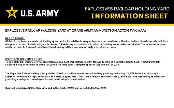 Crane Army Ammunition Activity Modernization Project information Sheet - Explosives Railcar Holding Yard