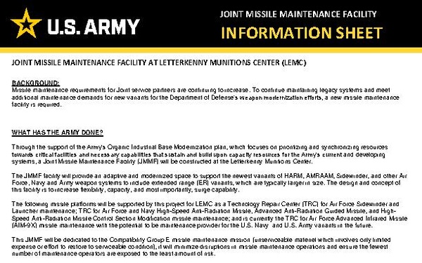 Letterkenny Munitions Center Modernization Project Information Sheet - Joint Missile Maintenance Facility