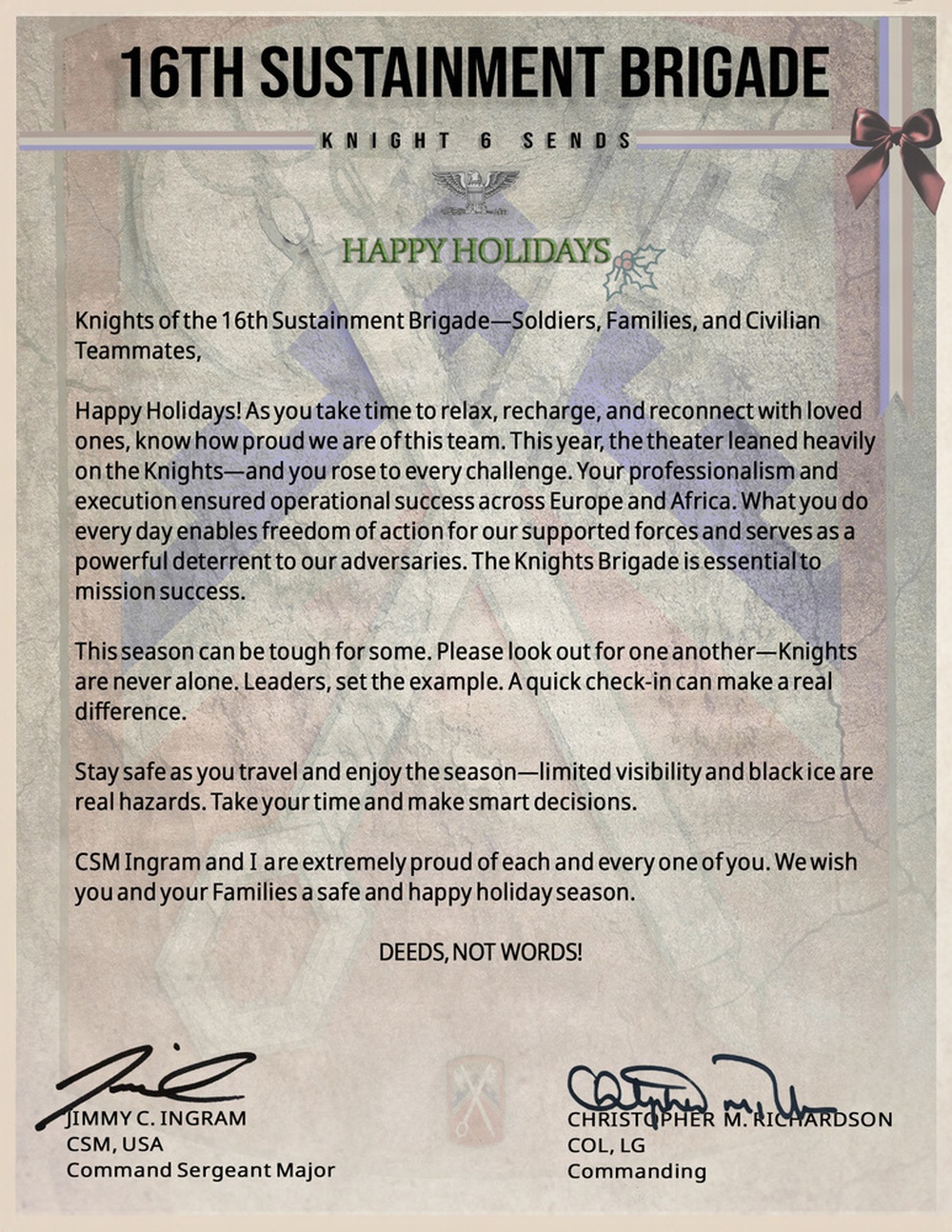 16th Sustainment Brigade Winter 25' Holiday message