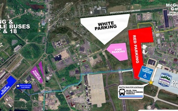 2025 "Power in the Pines" Open House and Air Show Bus Stop &amp; Gate Access Graphic